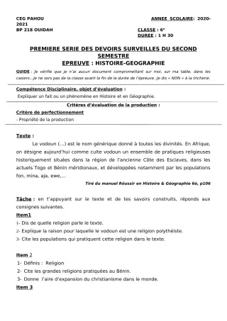 Première page de Histoire-Géographie 6e — 1er devoir surveillé, 2e semestre (2020-2021) · CEG PAHOU