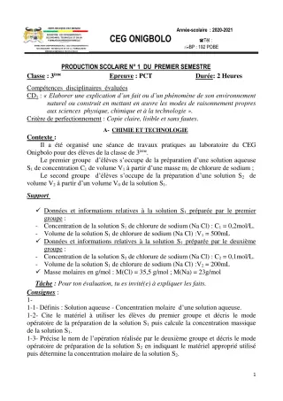 Première page de PCT 3e — Production scolaire, 1er semestre (2020-2021) · CEG ONIGBOLO