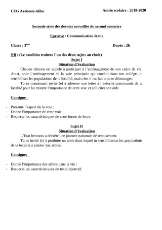 Première page de Français 3e ML — 2e devoir surveillé, 2e semestre (2019-2020) · CEG AZOHOUE-ALIHO