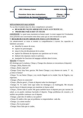 Première page de Espagnol 4e — 1re évaluation sommative, 2e semestre (2022-2023) · CEG2 ABOMEY - CALAVI (CEG ZOCA)