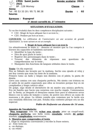 Première page de Espagnol 4e, 4e ML, 3e ML, 2nde A1, 2nde A2, 2nde B, 1ère A2, 1ère B, Tle A1, Tle A2, Tle B — 1er devoir surveillé, 2e trimestre (2020-2021) · CPEG SAINT Justin
