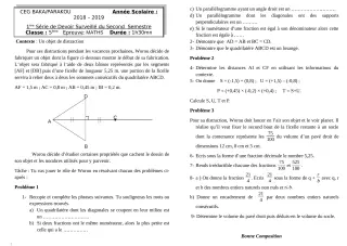 Première page de Mathématiques 5e — 1er devoir surveillé, 2e semestre (2018-2019) · CEG BAKA
