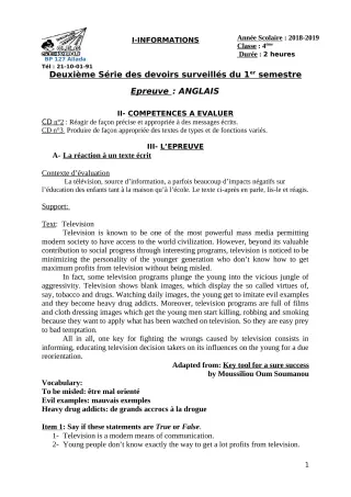 Première page de Anglais 4e — 2e devoir surveillé, 1er semestre (2018-2019) · CEG Sékou