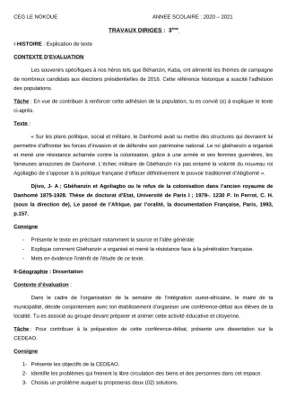 Première page de Examen Blanc de HIST-GEO — 3e, 3e ML — CEG LE NOKOUE (2020)