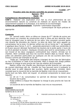 Première page de PCT 3e — 1er devoir surveillé, 1er semestre (2018-2019) · CEG1 Kalalé