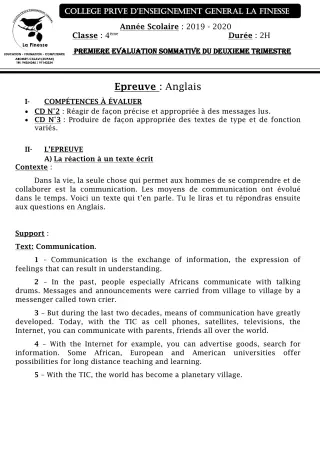 Première page de Anglais 4e — 1re évaluation sommative, 2e trimestre (2019-2020) · CPEG La Finesse