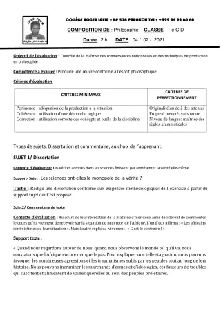 Première page de Philosophie Tle C, Tle D — Composition (2020-2021) · CPEG Roger LAFIA
