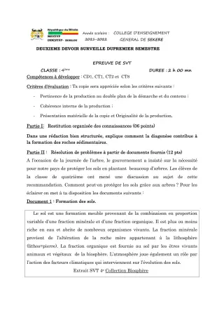 Première page de SVT 4e — 2e devoir surveillé, 1er semestre (2021-2022) · CEG SEKERE
