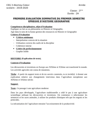 Première page de Histoire-Géographie 6e, 5e, 4e, 4e ML, 3e, 3e ML — 1re évaluation sommative, 1er semestre (2019-2020) · CEG3 ABOMEY CALAVI