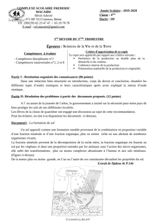 Première page de SVT 6e, 4e — Composition, 2e trimestre (2019-2020) · CPEG Frédéric Macaire