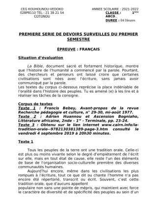 Première page de Français 1ère A1, 1ère A2, 1ère B, 1ère C, 1ère D — 1er devoir surveillé, 1er semestre (2021-2022) · CEG Kouhounou-Vêdoko