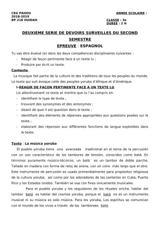 Première page de Espagnol 3e ML — 2e devoir surveillé, 2e semestre (2018-2019) · CEG PAHOU
