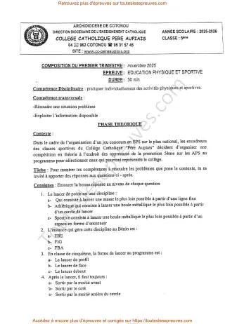 Première page de EPS 5e – Composition du 1er trimestre 2025-2026 – Lancer de poids et gymnastique au sol – Collège Catholique Père Aupiais