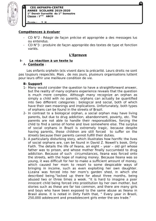 Première page de Anglais 1ère A1, 1ère A2, 1ère B, 1ère C, 1ère D — 1er devoir surveillé, 1er semestre (2019-2020) · CEG 1 Akpakpa-Centre