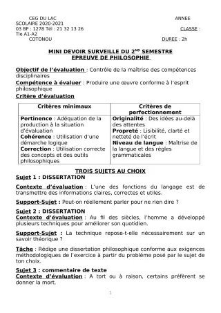 Première page de Philosophie Tle A2 — 1er devoir surveillé, 2e semestre (2020-2021) · CEG du Lac