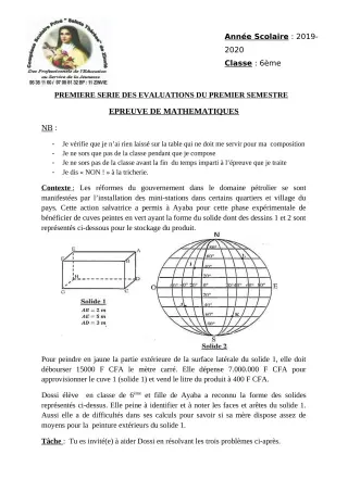 Première page de Mathématiques 6e — Composition, 1er semestre (2019-2020) · CPEG Ste Thérèse de Zinvié