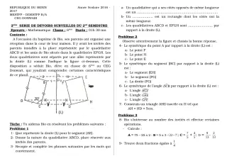 Première page de Mathématiques 6e, 5e, 4e, 4e ML, 3e, 3e ML — 2e devoir surveillé, 2e semestre (2018-2019) · CEG Donwari