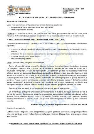 Première page de Espagnol 2nde A, 2nde B — 1er devoir surveillé, 3e trimestre (2019-2020) · CPEG LE PHARAON