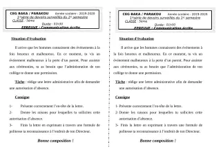 Première page de Français 5e — 1er devoir surveillé, 1er semestre (2019-2020) · CEG BAKA