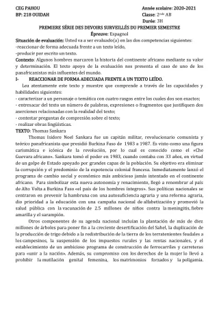 Première page de Espagnol 2nde A & B, 2nde A1, 2nde A2, 2nde B — 1er devoir surveillé, 1er semestre (2020-2021) · CEG PAHOU
