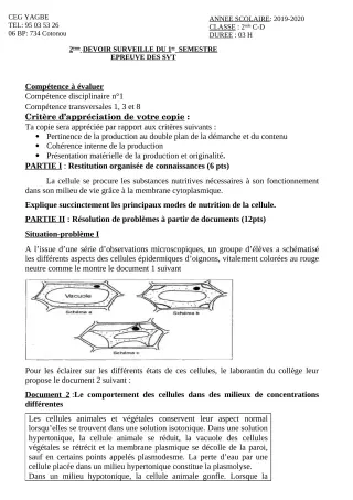 Première page de SVT 2nde C, 2nde D — 2e devoir surveillé, 1er semestre (2019-2020) · CEG Yagbe