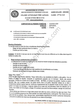 Première page de Espagnol 4ème – Composition du 1er trimestre 2025-2026 – Compréhension et production écrite autour du texte Pilar y Gloria – Collège Catholique Père Aupiais