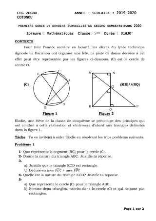 Première page de Mathématiques 5e — 1er devoir surveillé, 2e semestre (2019-2020) · CEG ZOGBO