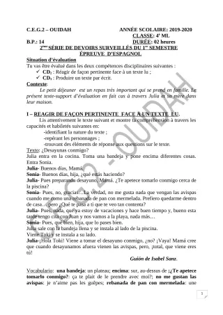 Première page de Espagnol 4e ML, 3e ML, 2nde A & B, 1ère A2, 1ère B, Tle A2, Tle B — 2e devoir surveillé, 1er semestre (2019-2020) · CEG2 OUIDAH