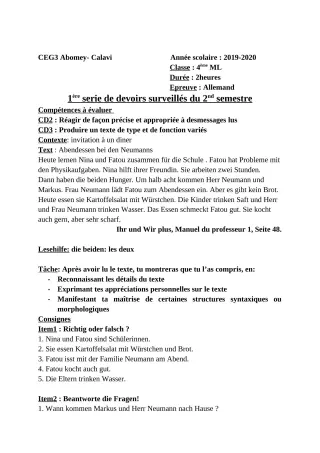 Première page de Allemand 4e ML, 3e ML — 1er devoir surveillé, 2e semestre (2019-2020) · CEG3 ABOMEY CALAVI