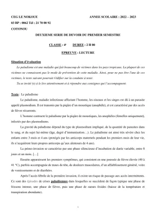 Première page de Français 6e — 2e devoir surveillé, 1er semestre (2022-2023) · CEG LE NOKOUE