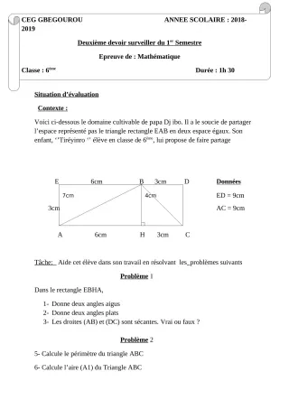 Première page de Mathématiques 6e — 2e devoir surveillé, 1er semestre (2018-2019) · CEG Gbegourou