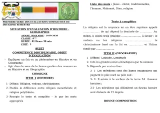 Première page de Histoire-Géographie 6e, 5e, 4e, 3e — 1re évaluation sommative, 2e semestre (2019-2020) · CEG GBESSOU