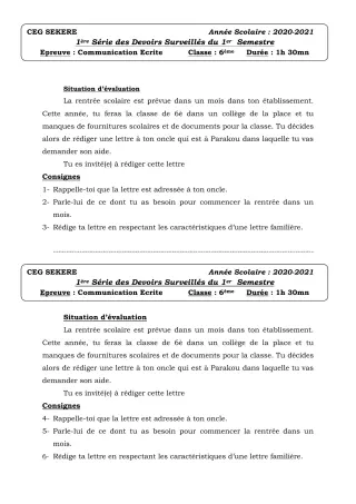 Première page de Français 6e — 1er devoir surveillé, 1er semestre (2020-2021) · CEG SEKERE
