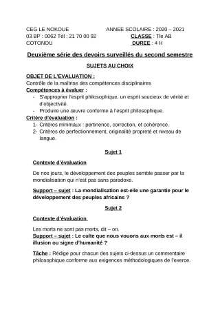 Première page de Philosophie Tle A1, Tle A2, Tle B — 2e devoir surveillé, 2e semestre (2020-2021) · CEG LE NOKOUE