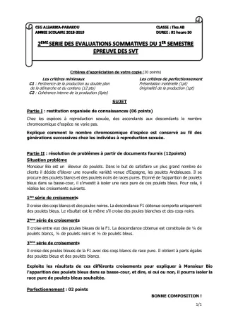 Première page de SVT Tle A1, Tle A2, Tle B — Composition (2018-2019) · CEG Albarika