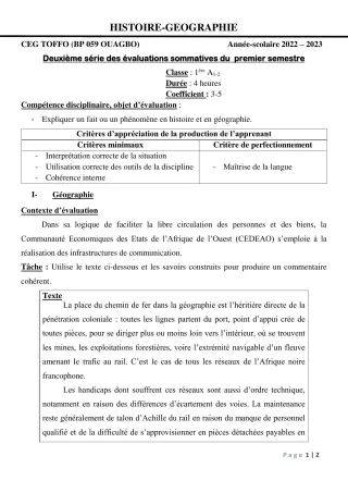 Première page de Histoire-Géographie 1ère A, 1ère A1, 1ère A2 — 2e évaluation sommative, 1er semestre (2022-2023) · CEG - TOFFO