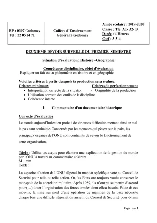 Première page de Histoire-Géographie Tle A2, Tle B, Tle EFS — 2e devoir surveillé, 1er semestre (2019-2020) · CEG2 Godomey