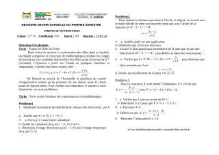 Première page de Mathématiques 2nde D — 2e devoir surveillé, 1er semestre (2023-2024) · CEG SEKERE
