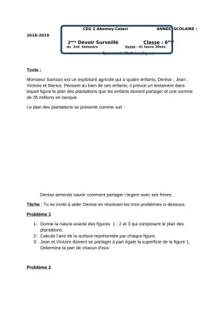 Première page de Mathématiques 6e — 2e devoir surveillé, 2e semestre (2018-2019) · CEG2 ABOMEY - CALAVI (CEG ZOCA)