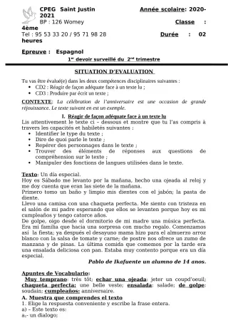 Première page de Espagnol 4e, 4e ML, 3e ML, 2nde A1, 2nde A2, 2nde B, 1ère A1, 1ère A2, 1ère B, Tle A1, Tle A2, Tle B — 1er devoir surveillé, 2e trimestre (2020-2021) · CPEG SAINT Justin
