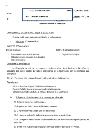 Première page de Français 2nde C, 2nde D — 2e devoir surveillé, 1er semestre (2018-2019) · CEG2 ABOMEY - CALAVI (CEG ZOCA)