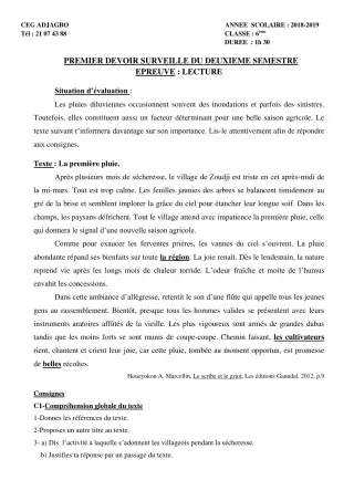 Première page de Français 5e — 1er devoir surveillé, 2e semestre (2018-2019) · CEG ADJAGBO