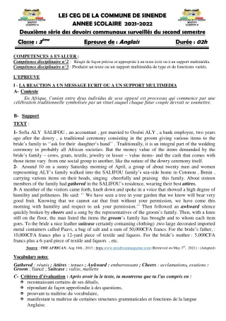 Première page de Anglais 3e — 2e devoir surveillé, 2e semestre (2021-2022) · CEG SEKERE
