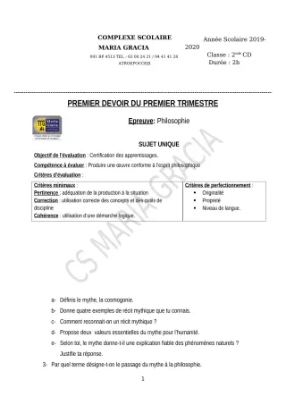 Première page de Philosophie 2nde C, 2nde D — 1er devoir surveillé, 1er trimestre (2019-2020) · CPEG MARIA GRACIA