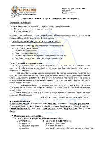 Première page de Espagnol 4e ML — 1er devoir surveillé, 3e trimestre (2019-2020) · CPEG LE PHARAON
