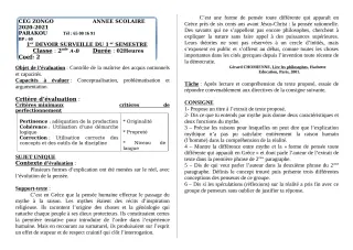 Première page de Philosophie 2nde A, 2nde B, 2nde C, 2nde D, 1ère A1, 1ère A2, 1ère B, 1ère C, 1ère D, Tle A1, Tle A2, Tle B, Tle C, Tle D — 1er devoir surveillé, 1er semestre (2020-2021) · CEG ZONGO