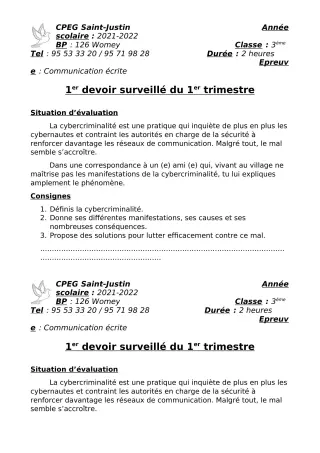 Première page de Français 3e, 3e ML — 1er devoir surveillé, 1er trimestre (2021-2022) · CPEG SAINT Justin