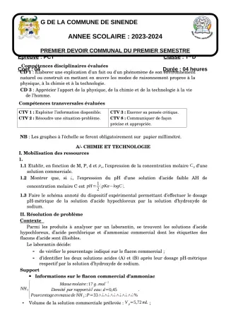 Première page de PCT Tle D — 1er devoir surveillé, 1er semestre (2023-2024) · CEG SEKERE