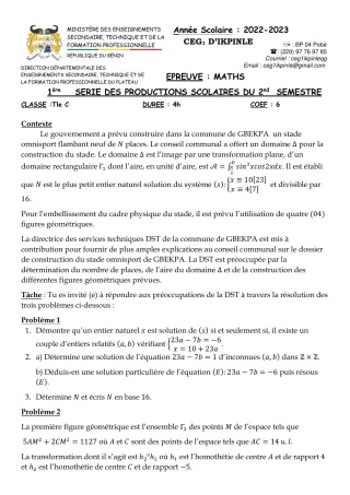 Première page de Mathématiques Tle C — Production scolaire, 2e semestre (2022-2023) · CEG1 Ikpinlè