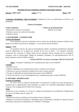 Première page de Histoire-Géographie 1ère A2 — 2e évaluation sommative, 1er semestre (2020-2021) · CEG SEKERE